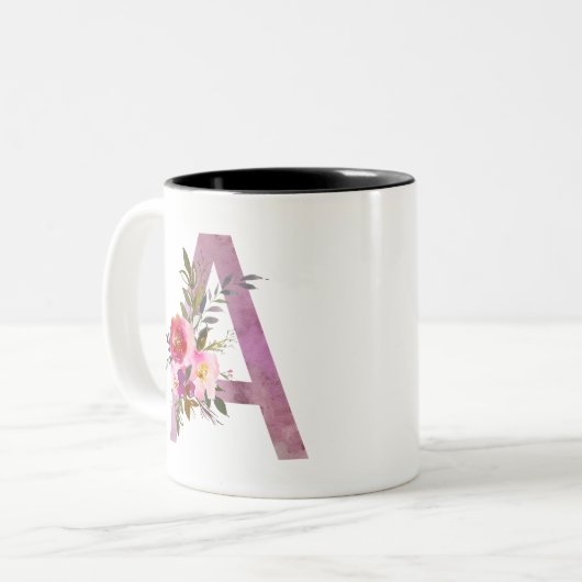 A, initiaal van Floral Monogram, bloem van waterve Tweekleurige Koffiemok (Voorkant links)