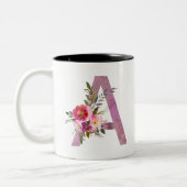 A, initiaal van Floral Monogram, bloem van waterve Tweekleurige Koffiemok (Links)