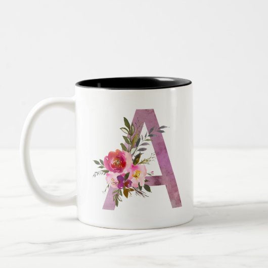 A, initiaal van Floral Monogram, bloem van waterve Tweekleurige Koffiemok (Links)