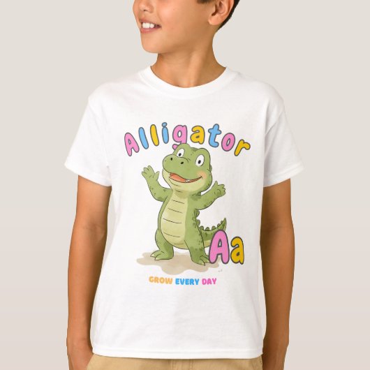 "A is voor Alligator" Alphabet T-shirt - elke dag  (Voorkant)