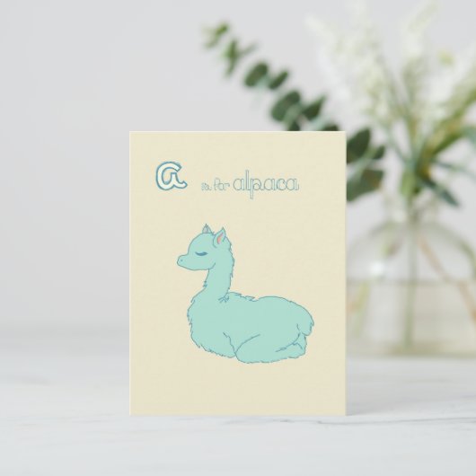 A is voor Alpaca (blauw) Briefkaart (Staand voorkant)