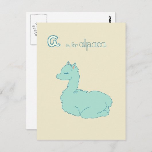 A is voor Alpaca (blauw) Briefkaart (Voorkant / Achterkant)