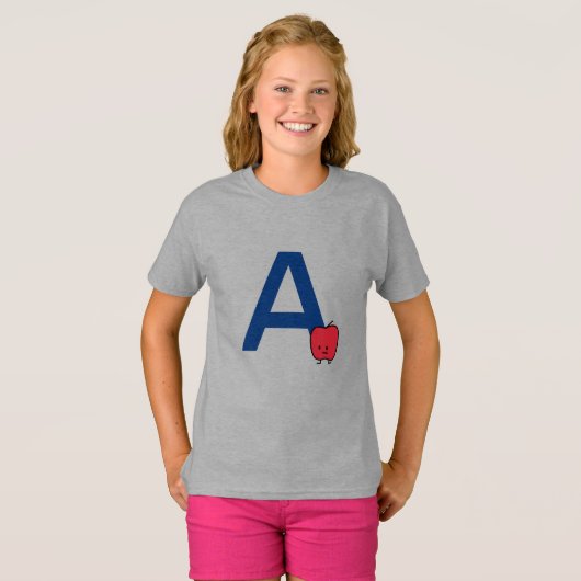 A is voor Apple alfabet abc letter leren schattig T-shirt (Voorkant volledig)