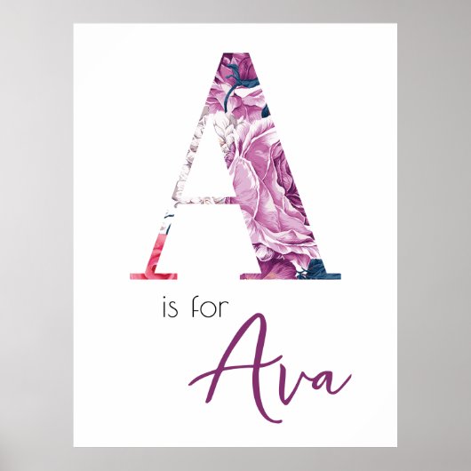 A is voor Ava Baby Naam Onthulling Bloemige Vintag Poster (Voorkant)