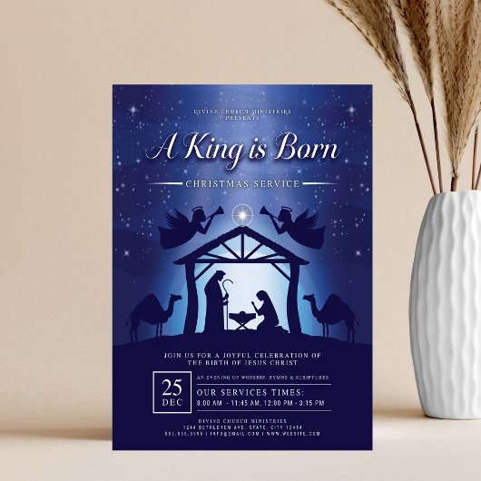 A King is Born Blue Nativity Scene Church Flyer