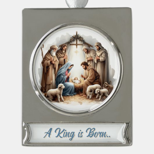 A King Is Born – Nativity Banner Christmas Design Verzilverd Banner Ornament (Voorkant)