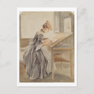 A Lady Copying at a Drawing Table, c.1760-70 (grij Briefkaart