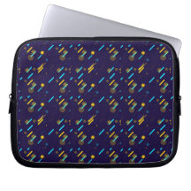 A laptop sleeve with a vibrant geometric pattern