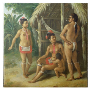 A Leeward Islands Carib Family bij een Hut, c.17 Tegeltje
