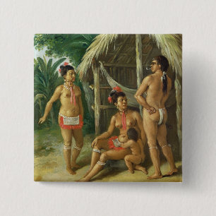 A Leeward Islands Carib Family bij een Hut, c.17 Vierkante Button 5,1 Cm