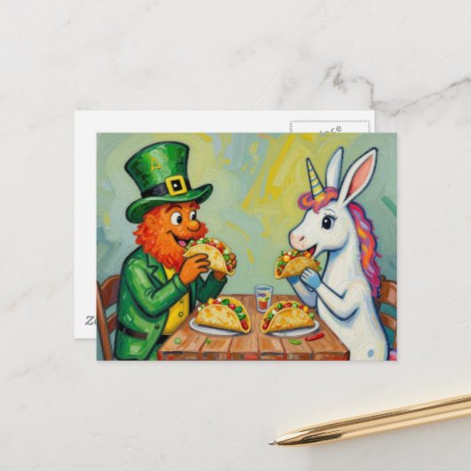 A leprechaun and a unicorn rabbit eating tacos briefkaart (Voorkant / Achterkant in situ)