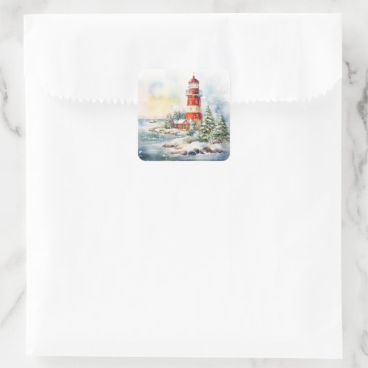 A Lighthouse in Winter Vierkante Sticker (Tas)