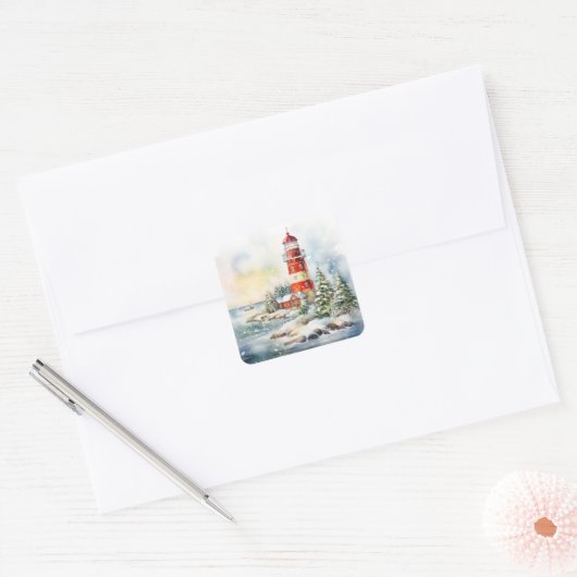 A Lighthouse in Winter Vierkante Sticker (Envelop)
