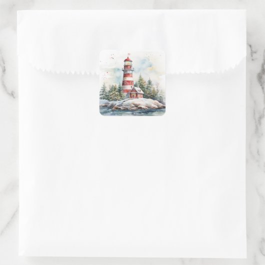 A Lighthouse in Winter Vierkante Sticker (Tas)