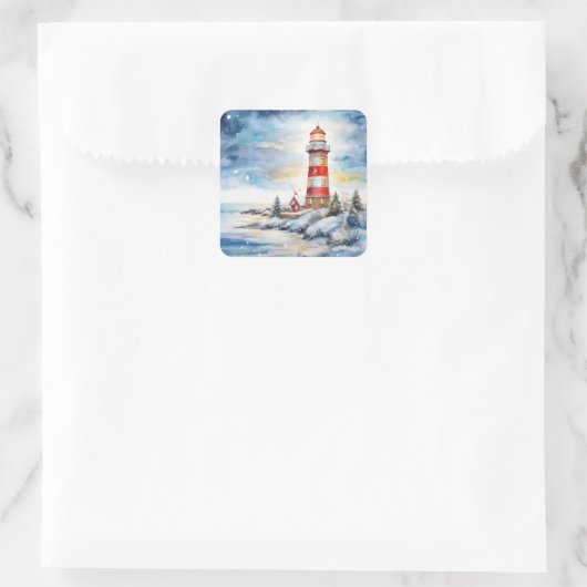 A Lighthouse in Winter Vierkante Sticker (Tas)