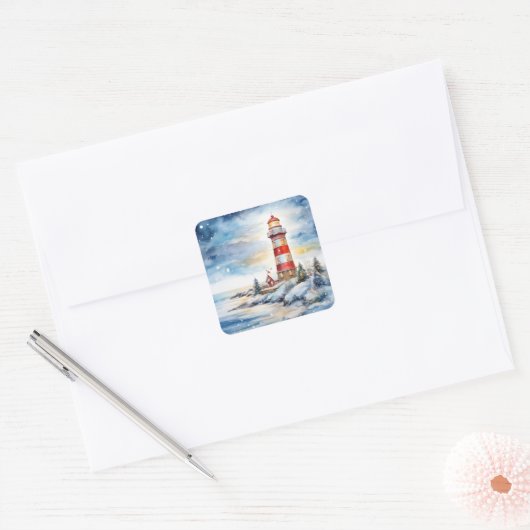 A Lighthouse in Winter Vierkante Sticker (Envelop)