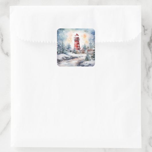 A Lighthouse in Winter Vierkante Sticker (Tas)