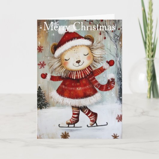 A Lion Ice Skating Feestdagen Kaart (Voorkant)