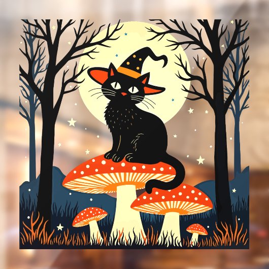 A Little Black Witchy Cat Sitting On A Toadstool 1 Raamsticker (Vel 2)