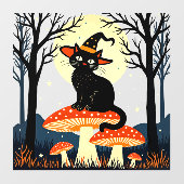 A Little Black Witchy Cat Sitting On A Toadstool 1 Raamsticker (Vel)