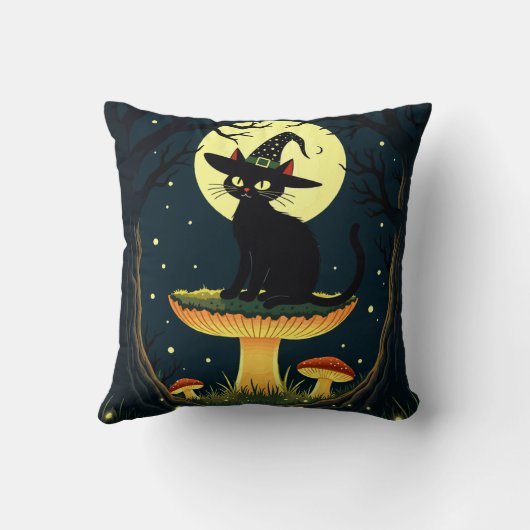 A Little Black Witchy Cat Sitting On A Toadstool Kussen (Achterkant)