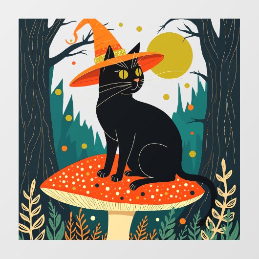  A Little Black Witchy Cat Sitting On A Toadstool  Raamsticker (Vel)