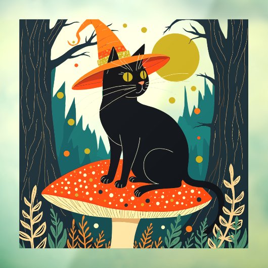  A Little Black Witchy Cat Sitting On A Toadstool  Raamsticker (Vel 3)