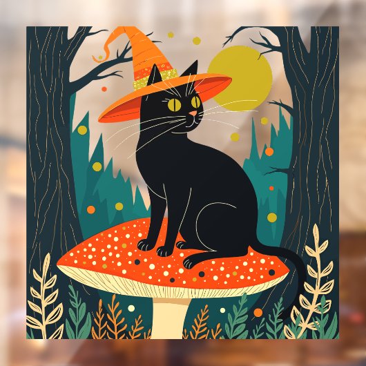  A Little Black Witchy Cat Sitting On A Toadstool  Raamsticker (Vel 2)