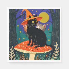 A Little Black Witchy Cat Sitting On A Toadstool Servet