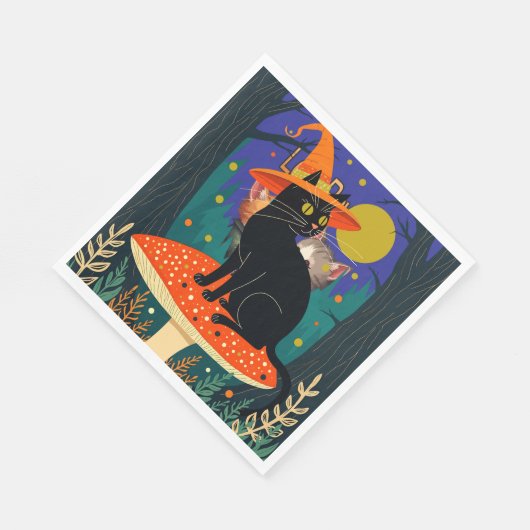 A Little Black Witchy Cat Sitting On A Toadstool Servet (Hoek)