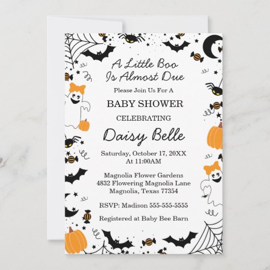 A Little Boo Is Almost Due Halloween Baby Shower Kaart (Voorkant)