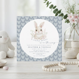 A Little Bunny Dusty Blue QR Code Baby Shower Kaart