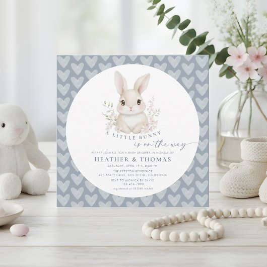 A Little Bunny Dusty Blue QR Code Baby Shower Kaart
