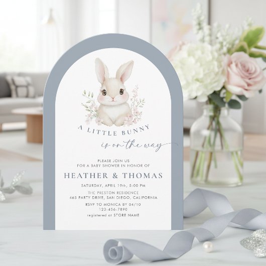 A Little Bunny Elegant Dusty Blue Arch Baby Shower Kaart