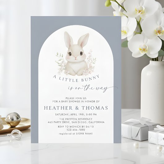 A Little Bunny Elegant Dusty Blue Baby Shower Kaart