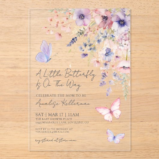 A Little Butterfly Wildflower Baby Shower Acryl Uitnodigingen (Voorkant)