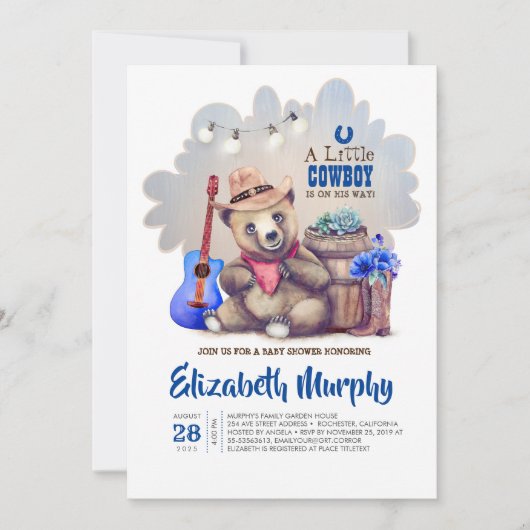 A Little Cowboy Is On His Way Bear Baby Shower Kaart (Voorkant)
