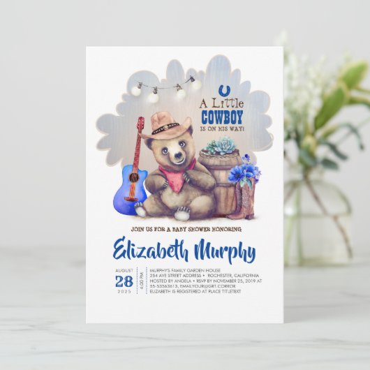 A Little Cowboy Is On His Way Bear Baby Shower Kaart (Staand voorkant)