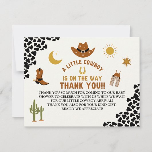 A Little Cowboy Is on The Way Cute Baby Shower Bedankkaart (Voorkant)
