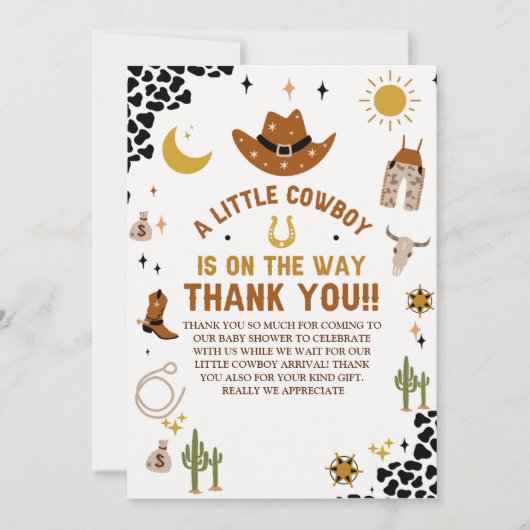 A Little Cowboy Is on The Way Cute Baby Shower Bedankkaart (Voorkant)