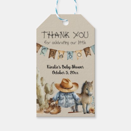 A Little Cowboy is op weg naar het Baby shower Cadeaulabel (Voorkant)