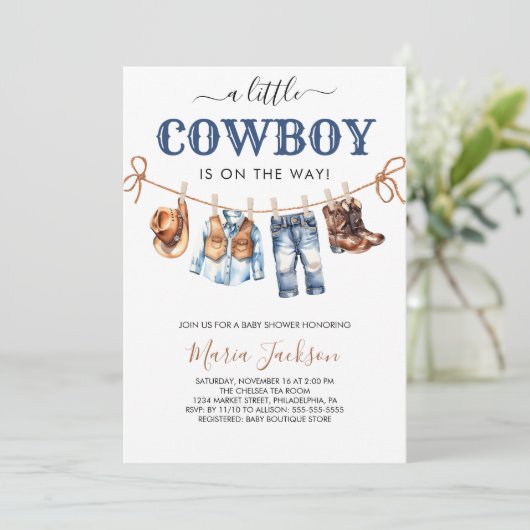 A Little Cowboy Wild West Blue boy Baby Shower Kaart (Staand voorkant)