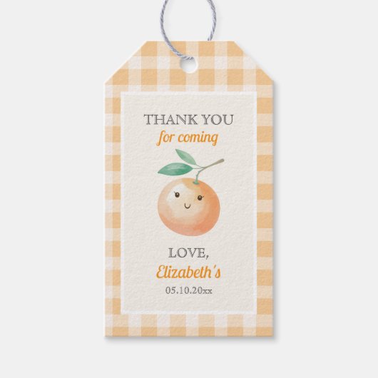 A Little Cutie Orange Gingham Citrus Baby Shower Cadeaulabel (Voorkant)