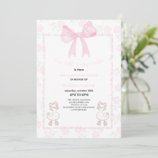 A Little Lucky Duckie Pink Bow Floral Baby Shower Kaart (Staand voorkant)