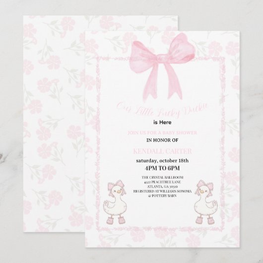 A Little Lucky Duckie Pink Bow Floral Baby Shower Kaart (Voorkant / Achterkant)