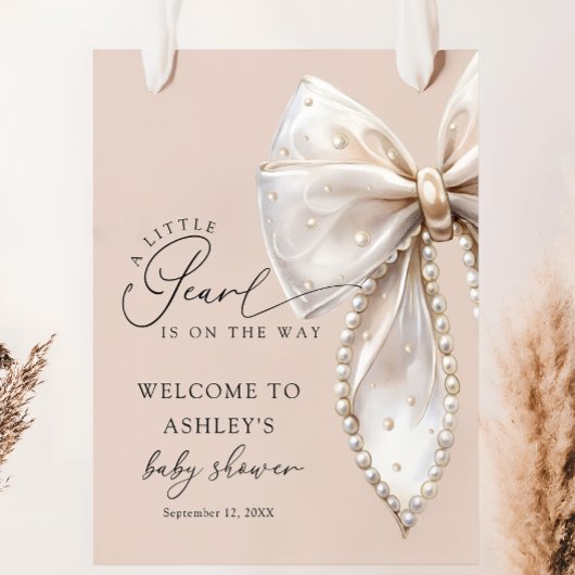 A Little Pearl Beige Bow Baby Shower Welcome  Poster