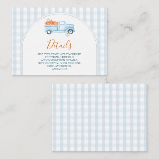 A Little Pumpkin Blue Truck Baby Shower Detail Informatiekaartje (Voorkant / Achterkant)