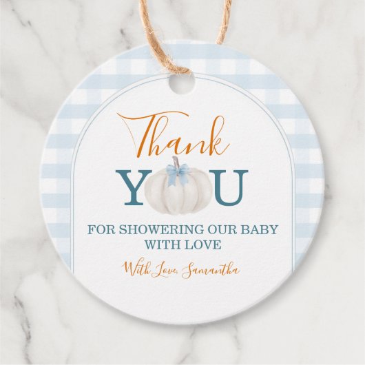 A Little Pumpkin Blue Truck Gingham Baby Shower Bedankjes Labels (Voorkant)