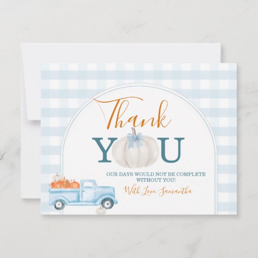 A Little Pumpkin Blue Truck Gingham Baby Shower Bedankkaart (Voorkant)