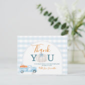 A Little Pumpkin Blue Truck Gingham Baby Shower Bedankkaart (Staand voorkant)
